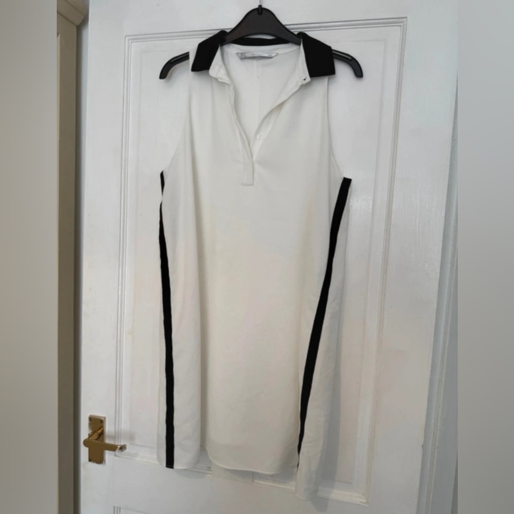Zara White and Cream Sleeveless Polo Collar Sheath Mini Dress